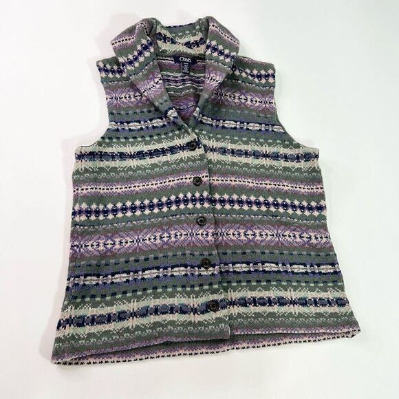 Chaps Sweater Vest Women Medium Button Up Fair Isle Grant Grandma Cozy Canincore - Picture 1 of 10